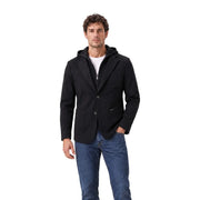 Gianni Lupo Blazer noir en maille pour homme, avec capuche, fermeture éclair sur le devant et deux boutons, pour un style élégant.