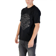Gianni Lupo men black short sleeve cotton t-shirt with silver eagle graphic over mountains and waves design