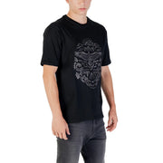 Gianni Lupo men black cotton t-shirt with short sleeves featuring a detailed silver eagle graphic with mountains and waves