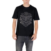 Gianni Lupo men black printed short sleeve cotton t-shirt with a detailed silver eagle graphic with mountains clouds and waves