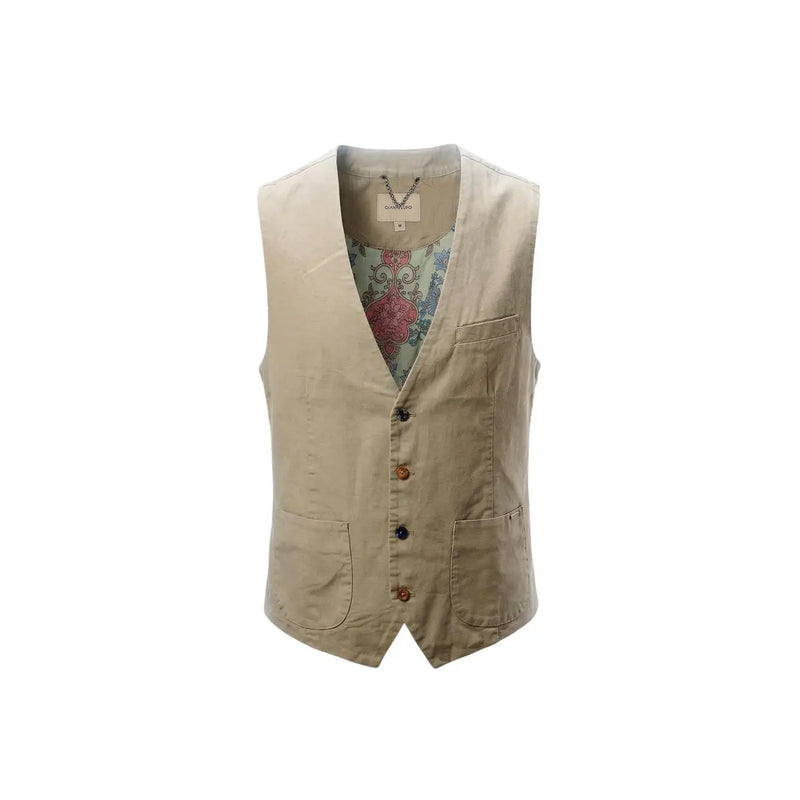 Gianni Lupo Gilet homme beige en coton stretch avec doublure à motifs floraux et boutons en bois