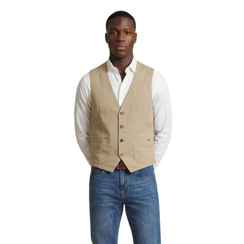 Gilet en coton stretch beige par gianni lupo avec des boutons marrons et deux poches avant pour hommes