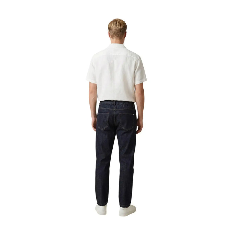 Dark blue cotton stretch slim fit jeans for men by gianni lupo showing the back side with classic pockets
