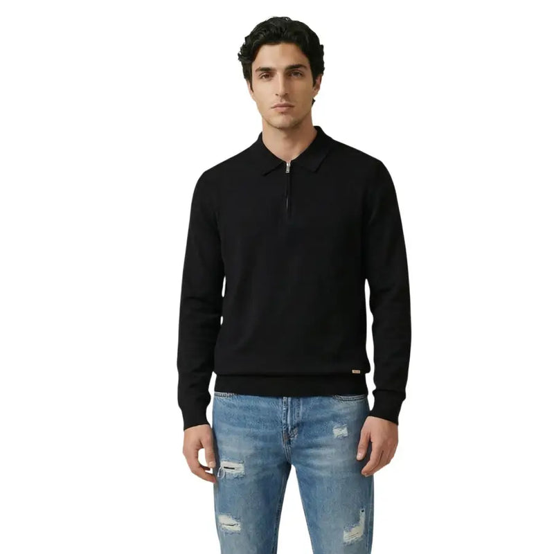Pull polo noir à manches longues avec demi-zip et poignets côtelés de Gianni Lupo en tricot de viscose