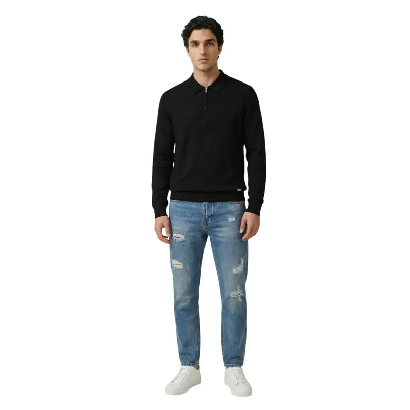 Chemise noire à manches longues Gianni Lupo Polo en maille avec col zippé à mi-hauteur et poignets côtelés, en viscose