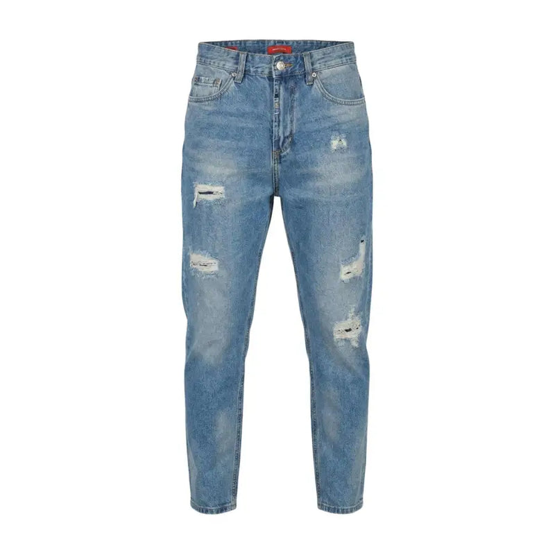 Gianni Lupo Jean en denim bleu clair pour homme, avec détails déchirés et usés sur les cuisses et les genoux, modèle GL6517Q