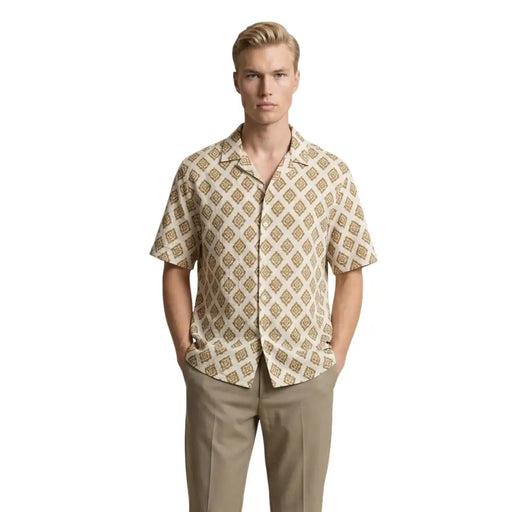 Chemise beige à manches courtes Gianni Lupo Chemise pour homme à motif géométrique doré en tissu léger et respirant
