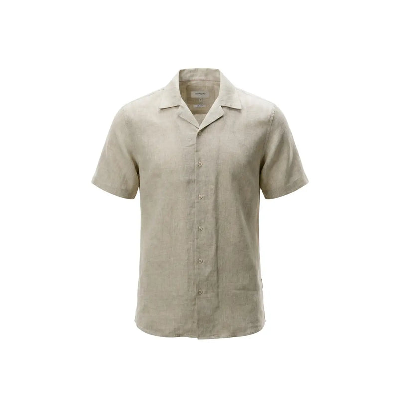 Beige short-sleeved linen shirt with classic collar and button-down front for men by Gianni Lupo