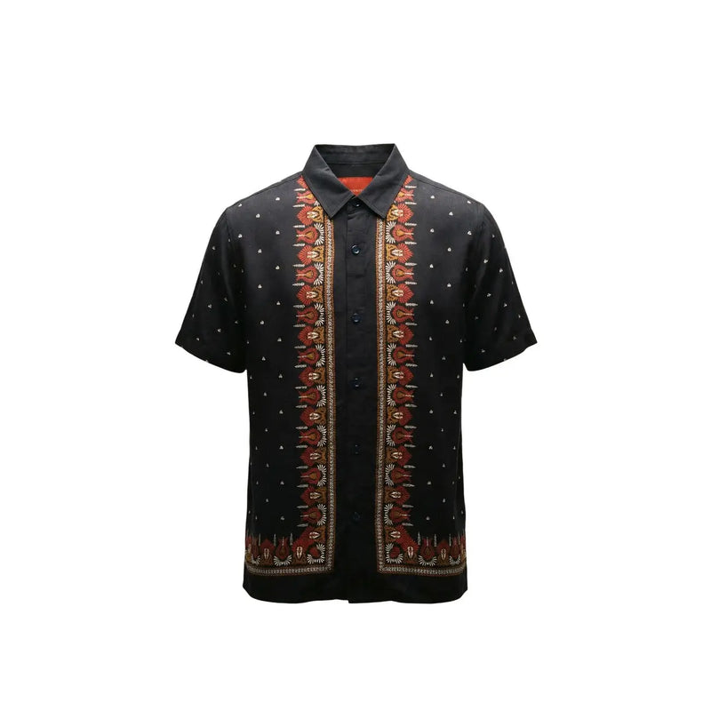 Gianni Lupo men shirt black short-sleeved button-up with red and gold embroidered front placket and white dot pattern
