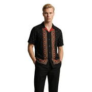 Gianni Lupo Chemise homme noire à manches courtes, boutonnée, avec intérieur de col rouge et finitions brodées orange-brun