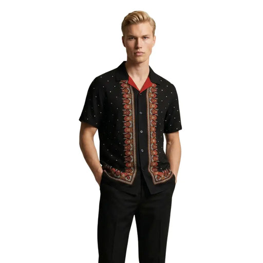 Gianni Lupo Chemise homme noire à manches courtes, boutonnée, avec intérieur de col rouge et finitions brodées orange-brun