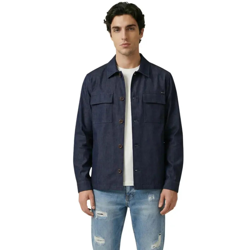 veste en jean bleu foncé par Gianni Lupo avec deux poches poitrine et des boutons marron pour hommes