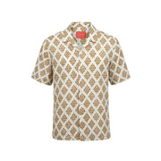 Gianni Lupo Chemise homme crème à manches courtes boutonnée avec motif géométrique doré répété