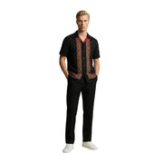 Gianni Lupo Chemise homme noire à manches courtes boutonnée avec broderies rouges et or et détails rouges à l'intérieur du col