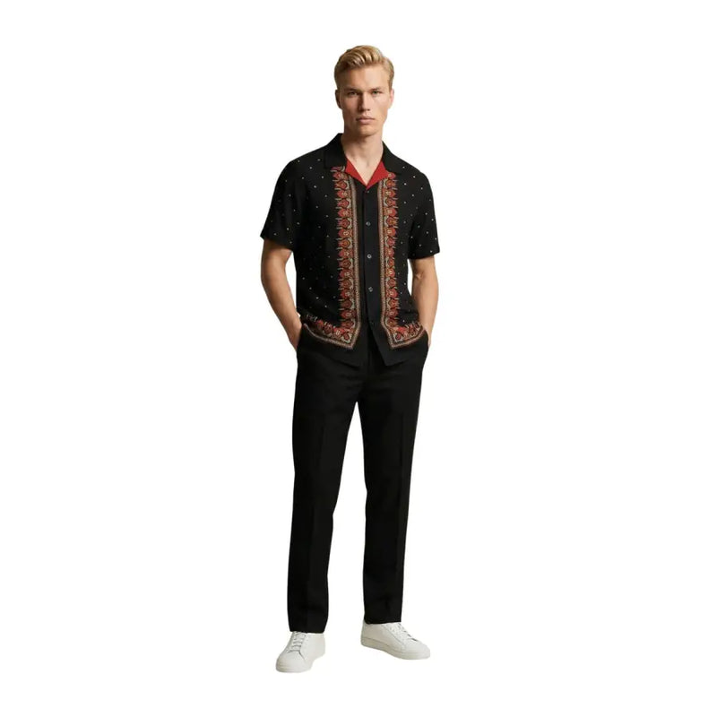 Gianni Lupo Chemise homme noire à manches courtes boutonnée avec broderies rouges et or et détails rouges à l'intérieur du col