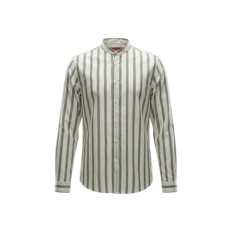 Gianni Lupo Chemise pour homme à rayures verticales noires et blanc cassé, col mandarin et manches longues boutonnées.