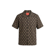 Gianni Lupo Chemise pour homme à manches courtes boutonnée marron foncé avec un motif géométrique beige
