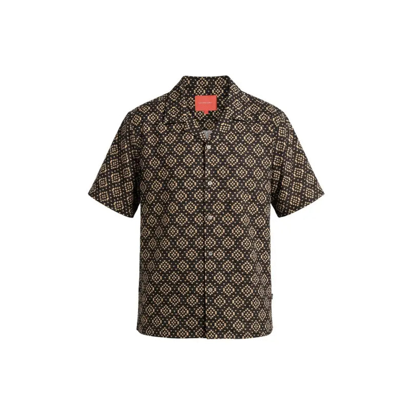 Gianni Lupo Chemise pour homme à manches courtes boutonnée marron foncé avec un motif géométrique beige