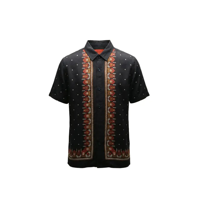 Gianni Lupo Chemise noire à manches courtes pour homme, boutonnée, avec patte de boutonnage brodée rouge et or et motif à pois blancs.