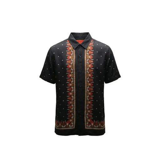 Gianni Lupo Chemise noire à manches courtes pour homme, boutonnée, avec patte de boutonnage brodée rouge et or et motif à pois blancs.