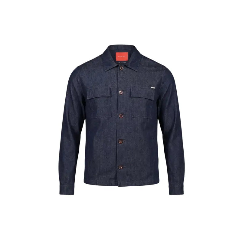Gianni Lupo Chemise homme, veste en jean bleu foncé avec deux poches poitrine et boutons marron, en denim.
