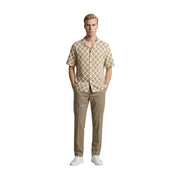 Gianni Lupo Chemise homme beige à manches courtes boutonnée avec motif géométrique marron discret pour une tenue décontractée