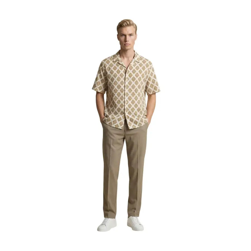 Gianni Lupo Chemise homme beige à manches courtes boutonnée avec motif géométrique marron discret pour une tenue décontractée