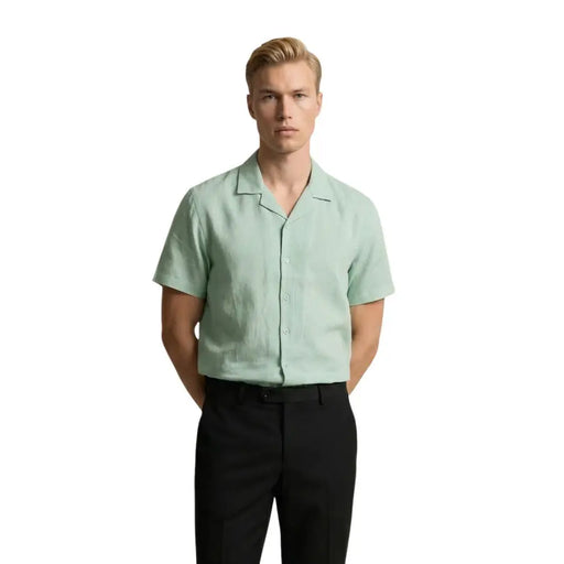 Gianni Lupo Chemise pour homme vert menthe clair à manches courtes, boutonnée, avec col et texture subtile