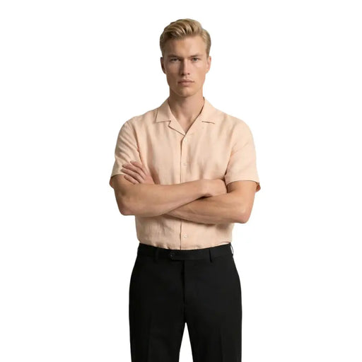 Gianni Lupo Chemise homme pêche clair à manches courtes, boutonnée, col classique et tissu soigneusement repassé