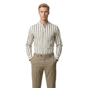 Gianni Lupo Chemise homme à manches longues boutonnée, à rayures verticales crème et gris foncé et col montant