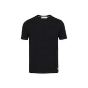 Black short-sleeved crew neck Gianni Lupo men t-shirt with subtle collar brand tag and small lower right label