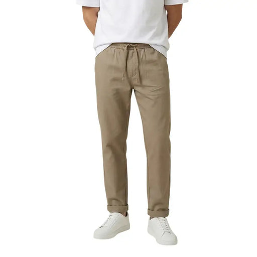 Gianni Lupo Pantalon homme kaki coupe décontractée style chino avec taille élastiquée à cordon et ourlets roulés