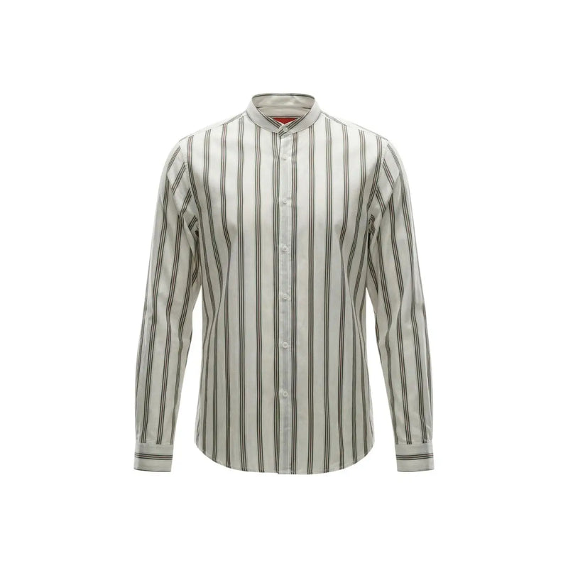 Gianni Lupo men shirt with vertical black and off-white stripes, mandarin collar, and long button-down sleeves