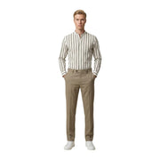 A man wearing a gianni lupo men shirt with cream and dark gray vertical stripes and long sleeves
