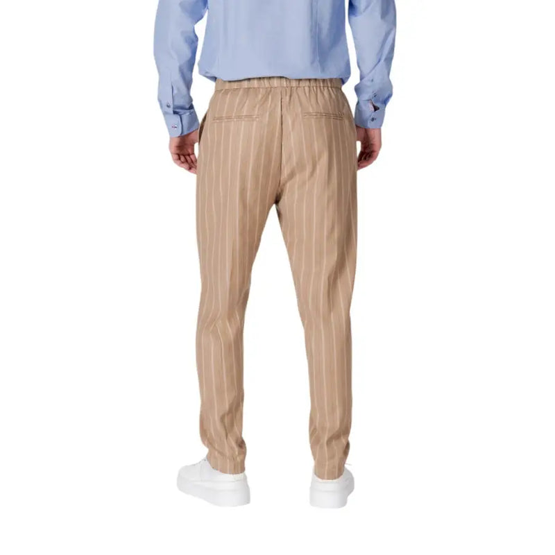 Gianni Lupo men’s beige pinstripe trousers with elastic waistband relaxed fit laces and pockets