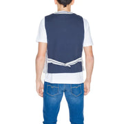 Navy blue sleeveless cotton vest by Gianni Lupo with white and gray striped trim at neckline waistband and seams