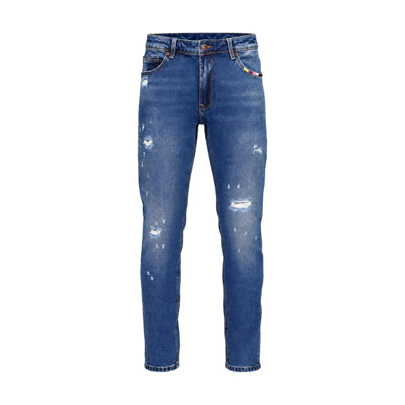 Gianni Lupo Jean slim BRUCE pour homme en denim bleu avec détails déchirés et usés, vue de face