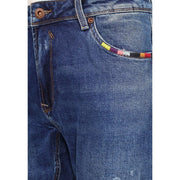 Gianni Lupo Jean slim Bruce pour homme en denim bleu avec bordure brodée à rayures multicolores et détails de poche avant