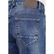 Gianni Lupo Jean slim Bruce pour homme en denim bleu avec empiècement en cuir marron et surpiqûres assorties, vue de dos