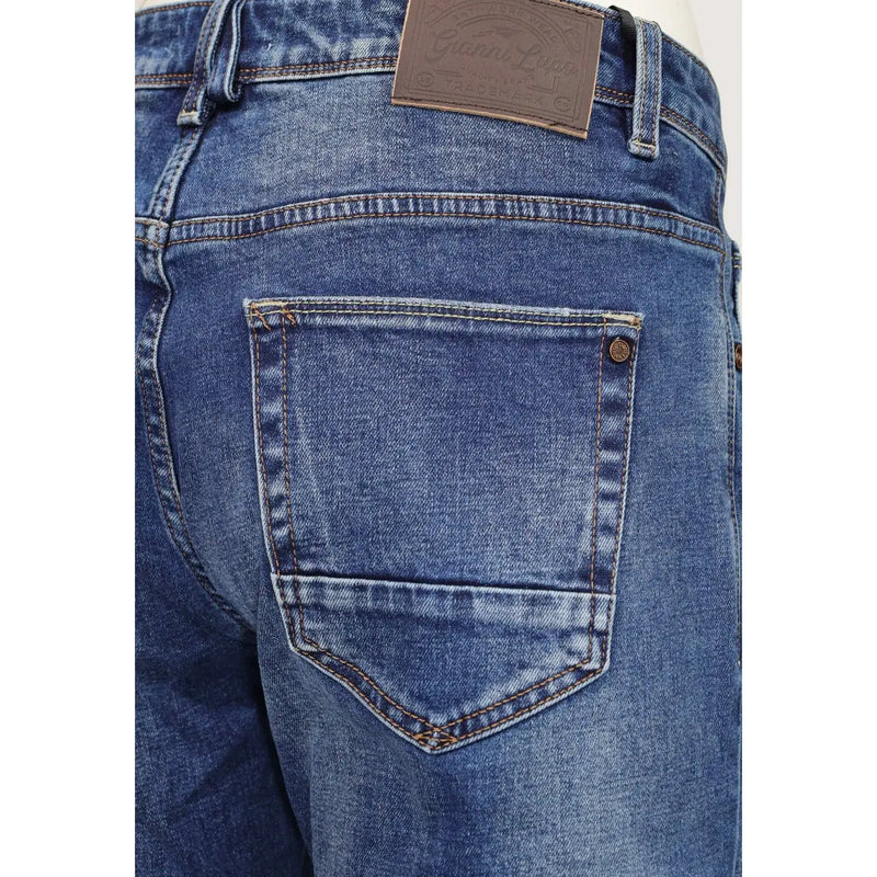 Gianni Lupo Jean slim Bruce pour homme en denim bleu avec empiècement en cuir marron et surpiqûres assorties, vue de dos