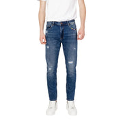 Gianni Lupo Jean slim BRUCE pour homme en denim bleu avec détails déchirés et étiquette de marque colorée, vue de dos