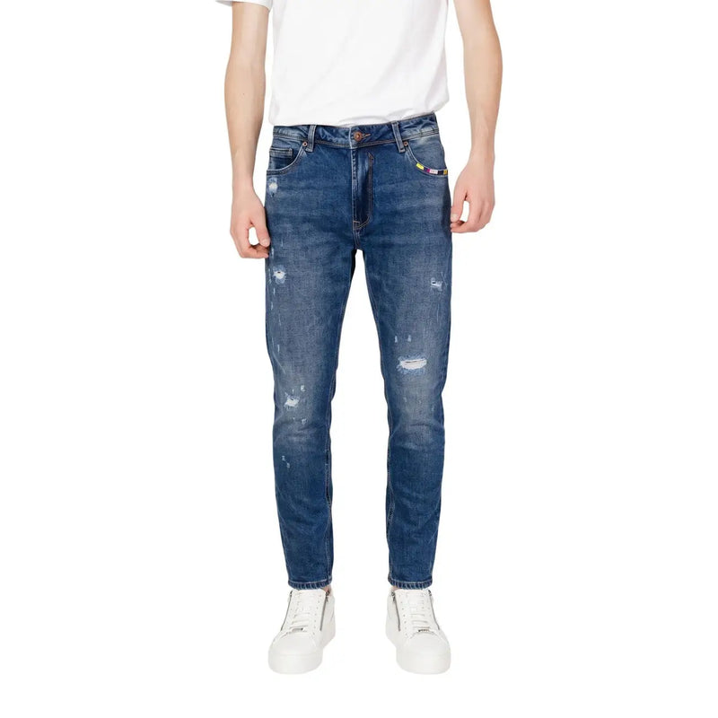 Gianni Lupo Jean slim BRUCE pour homme en denim bleu avec détails déchirés et étiquette de marque colorée, vue de dos