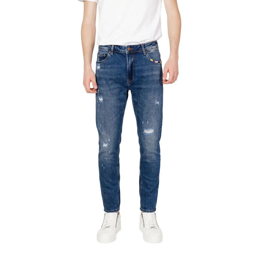 Gianni Lupo Jean slim BRUCE pour homme en denim bleu avec détails déchirés et étiquette de marque colorée, vue de dos