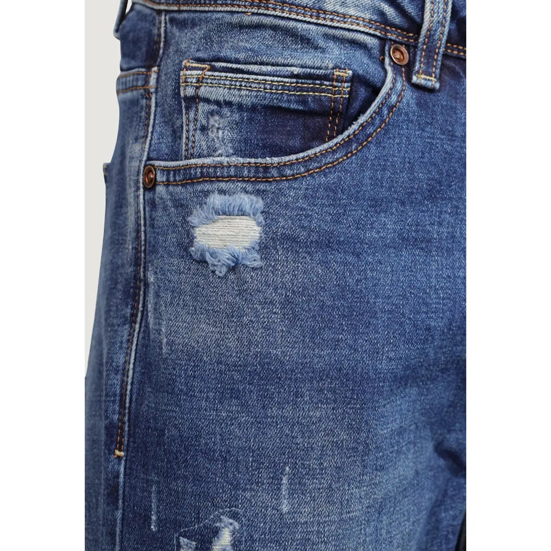 Gianni Lupo Jean slim Bruce pour homme en denim bleu délavé avec déchirures effilochées et coutures marron, vue de face