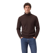 Gianni Lupo Pull à col roulé pour homme, marron foncé, en maille côtelée, avec étiquette de marque en bas à gauche (vue de face).