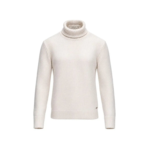 Gianni Lupo Pull à col roulé pour homme couleur crème, en maille côtelée, avec étiquette de marque au col, vue de face