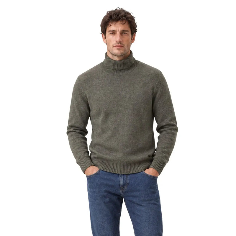 Gianni Lupo Pull à col roulé pour homme en laine mélangée vert olive avec col côtelé, vue de face