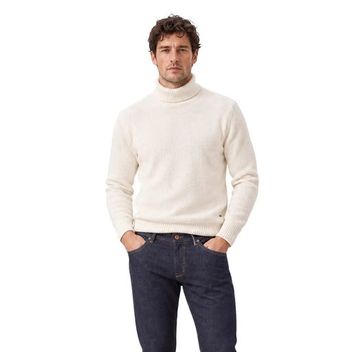 Gianni Lupo Pull à col roulé pour femme couleur crème, en maille côtelée et manches longues (vue de face)