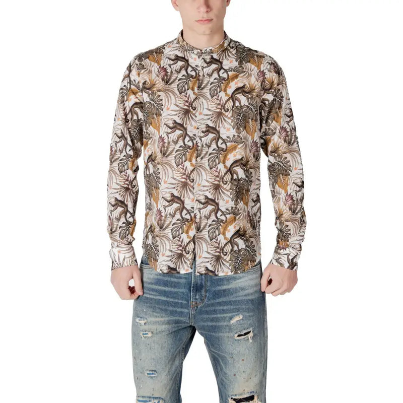 Gianni Lupo white floral mandarin collar shirt with long sleeves and tropical jungle pattern in brown beige and green