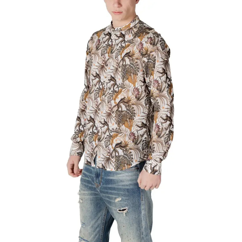 Gianni Lupo white floral mandarin collar long-sleeved shirt with tropical monkey and leaf pattern on cream background
